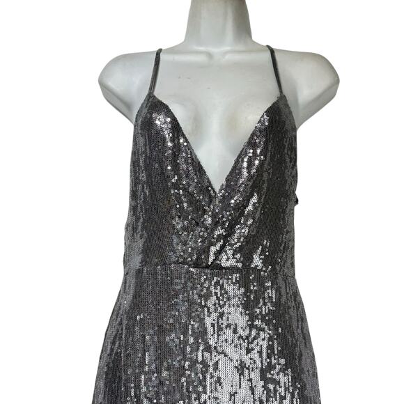 Réve Riche Sequin Gown Silver Maxi Dress Spaghetti Strap Slit Glam Formal Sz 38 - Picture 2 of 9